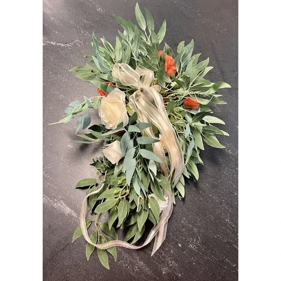 Large Silk Wedding Bouquet Orange Ivory Roses Cascade Bridal Flowers 23" x 18" - Picture 6 of 8